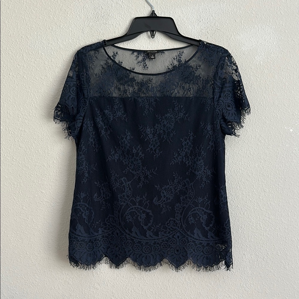 Ann Taylor dark blue small lace blouse